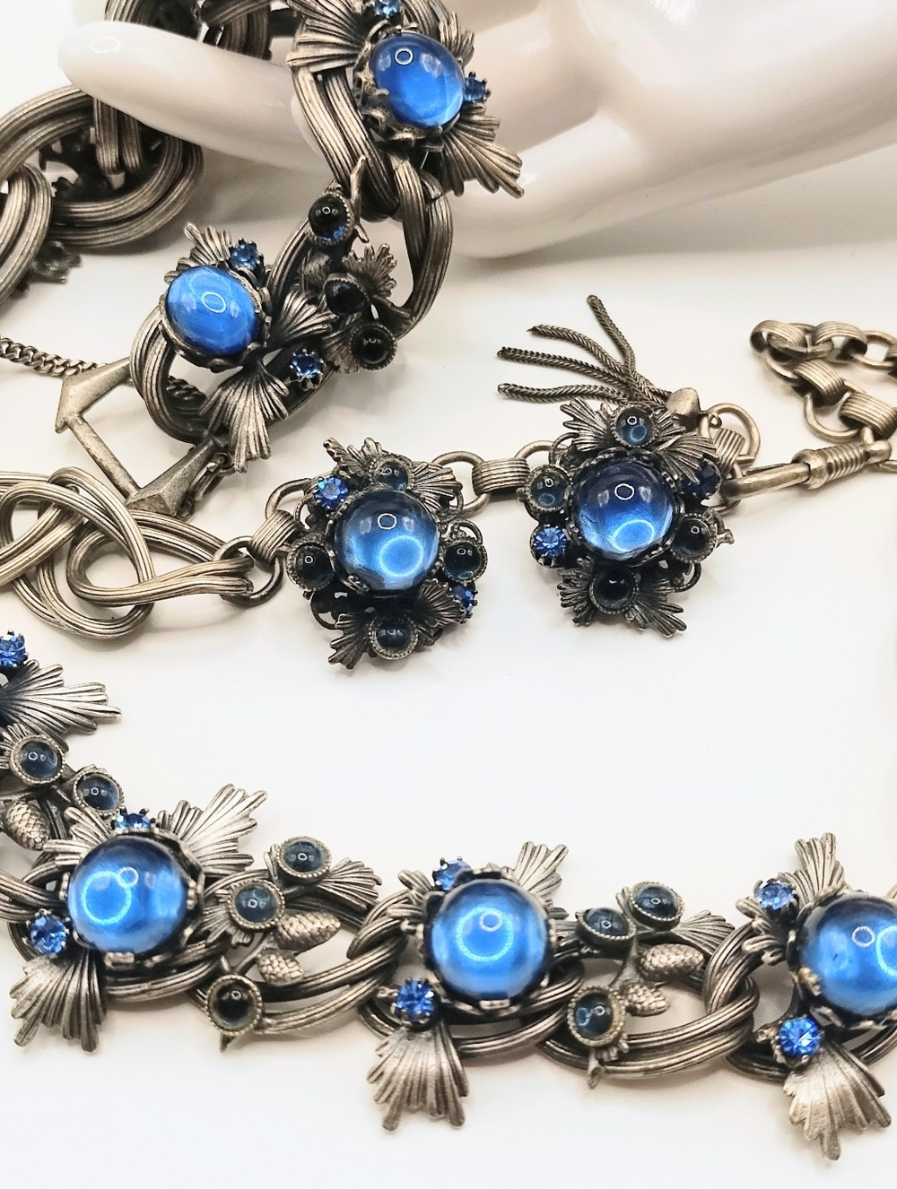 Vintage Schiaparelli Faux Star Sapphire Necklace Bracelet Earrings Suite